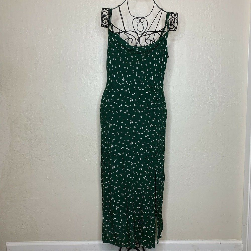 American Eagle Green Floral Midi Cowl Neck Slit Dress